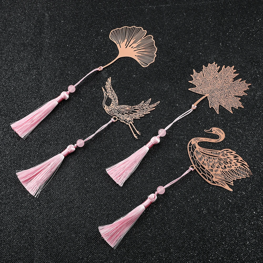 10 Styles Rose Gold Color Hollow Animal Flower Plant Metal Bookmarks with Pink Tassel for Book Lover Mark Gifts Collection