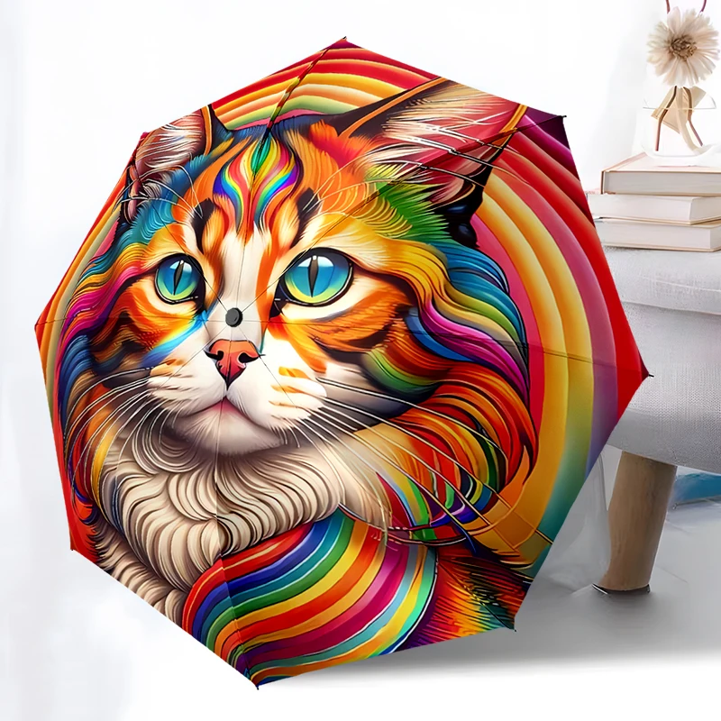 Cat Theme Folding Umbrella - Fashionable Auto-Open Design 8 Iron Ribs Plastic Handle Foldable Sunshade Perfect Christmas Gifts