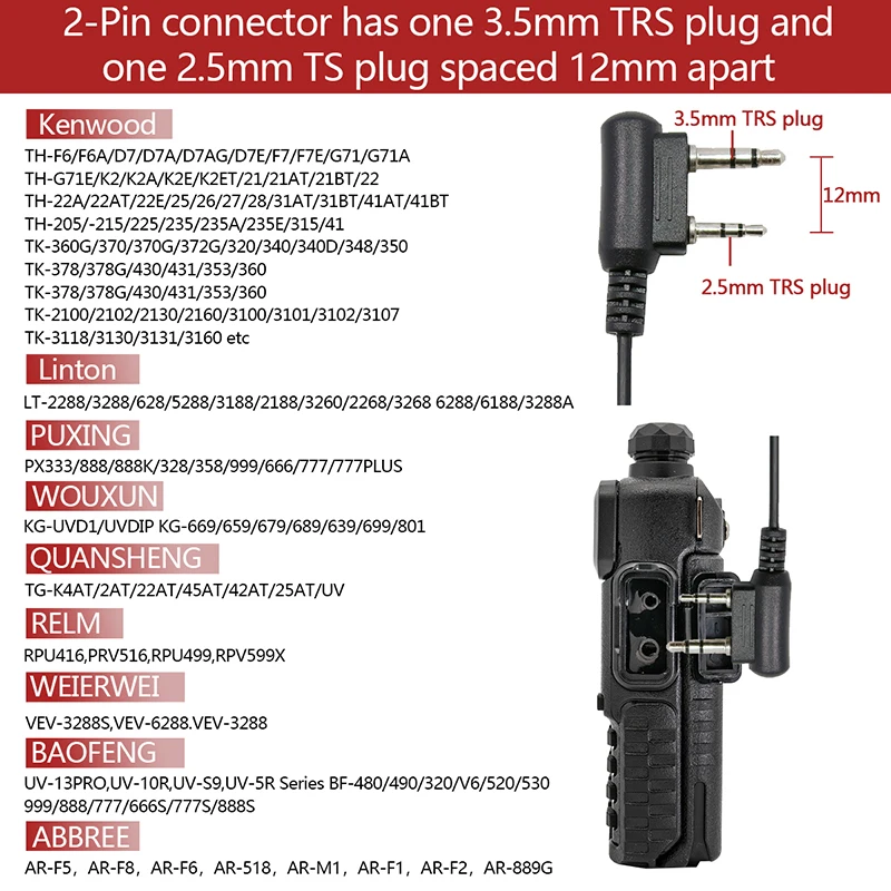 ABBREE 780 Headset-Mikrofon-Kopfhörer für BaoFeng UV-5R UV-5RH UV-21 PRO UV32 Quansheng UV-K6 Walkie Talkie Two Way Radio Zubehör – Detail 11