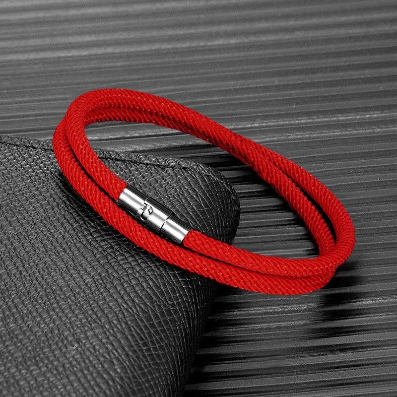 Minimalist Double Layer Rope Bracelet Men Women Lucky Red Thread Bracelet Black 316L Magnet Clasp Couple Survival Jewelry