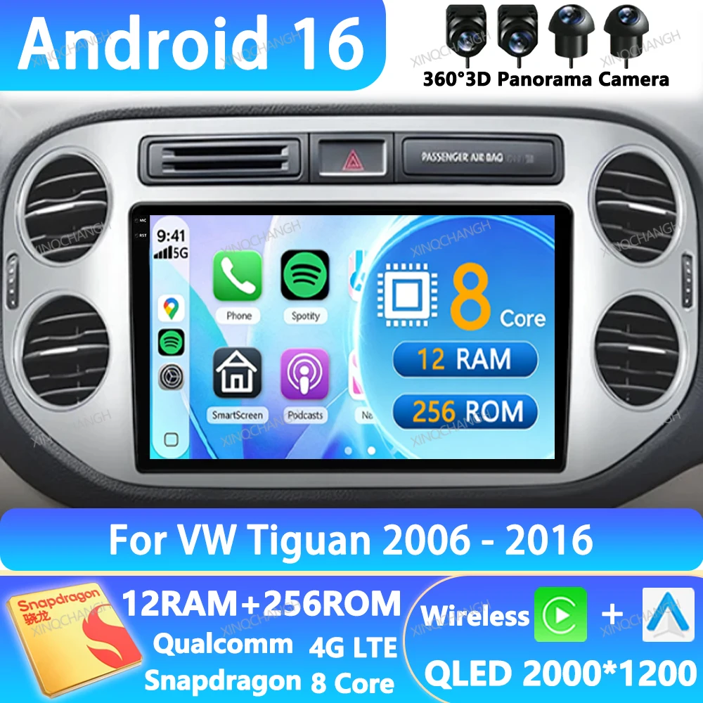 Android 16 Car Radio For Volkswagen Tiguan 1 NF 2006 - 2016 Navigation 4G WIFI QLED Head Unit Qualcomm Multimedia Video Player