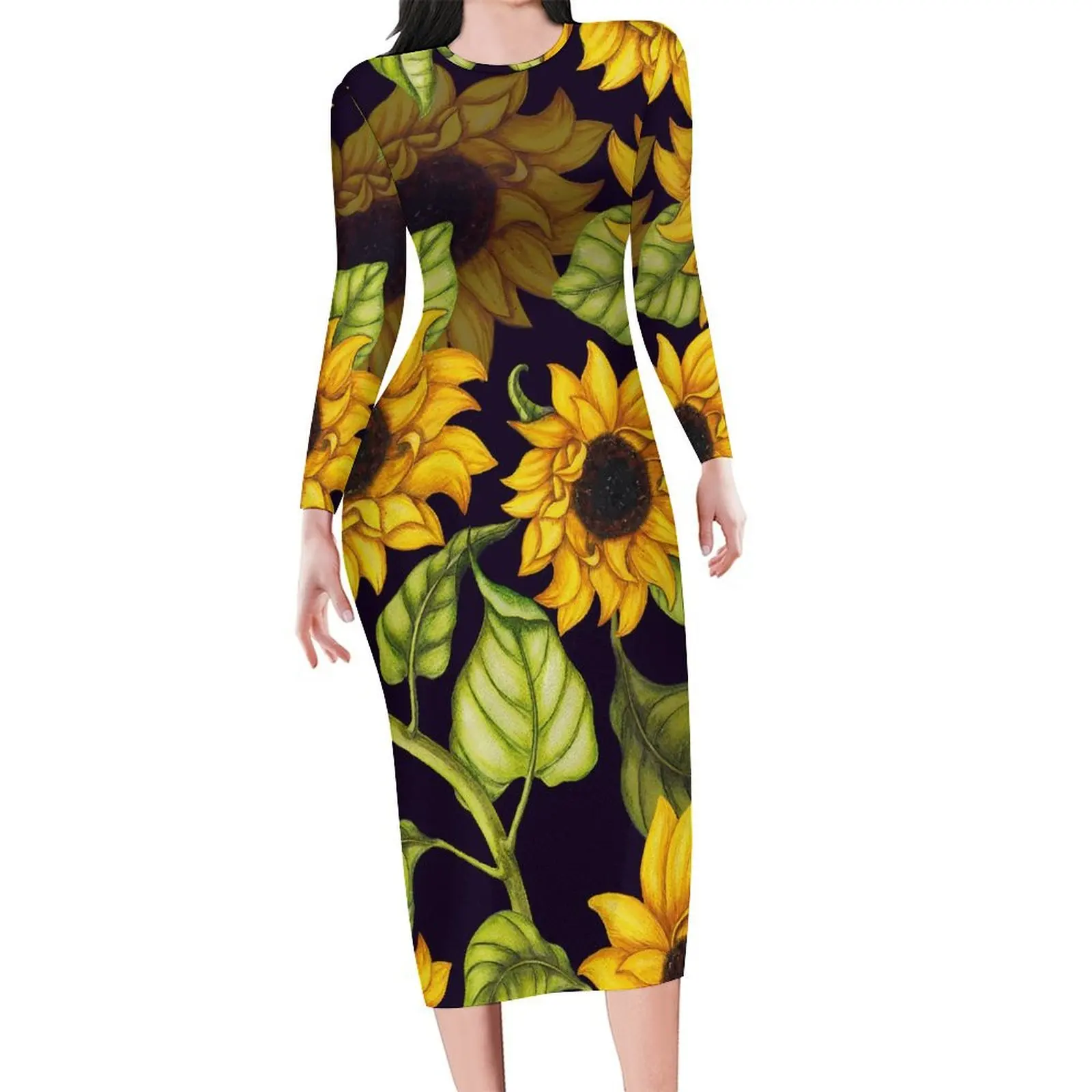 

Watercolor Sunflower Dress Long Sleeve Green Leaves Print Sexy Dresses Spring Woman Street Fashion Design Bodycon Dress Big Size