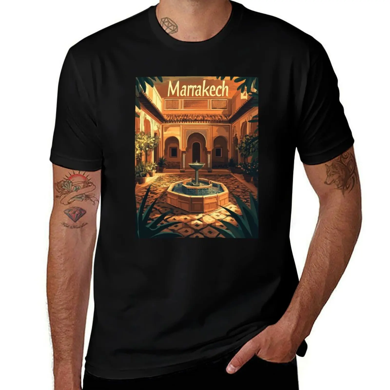 

Discover a tranquil courtyard in Marrakech featuring a central fountain surrounded by lush greenery and detailed tile pa T-Shirt