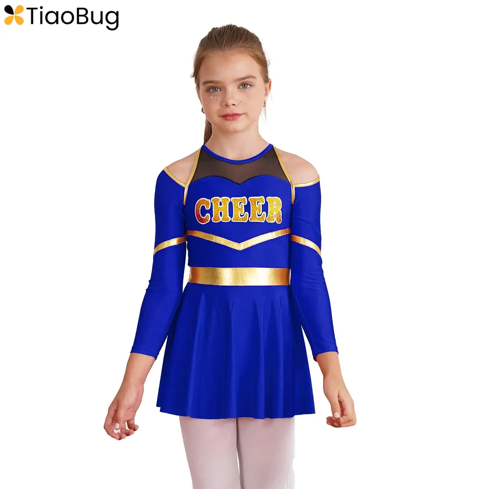 

Kids Girls Cheerleader Uniforms Schoolgirls Cheerleading Dance Outfits Letter Print Long Sleeve Dress+Flower Balls+Striped Socks