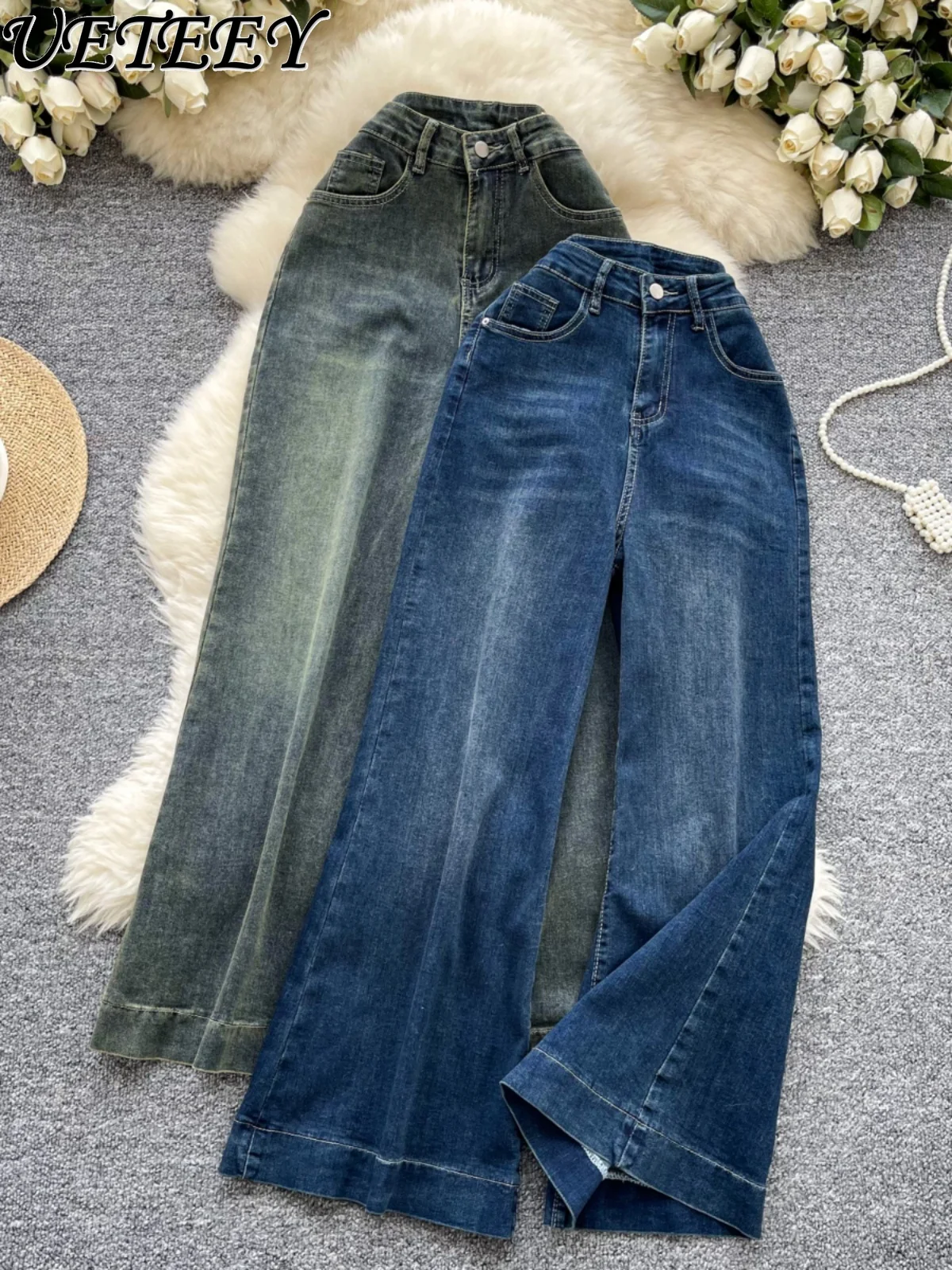 Women's High-waisted Loose Wide-leg Jeans Autumn and Winter New Retro Washed Denim Slim Straight Nine-point Baggy Pants