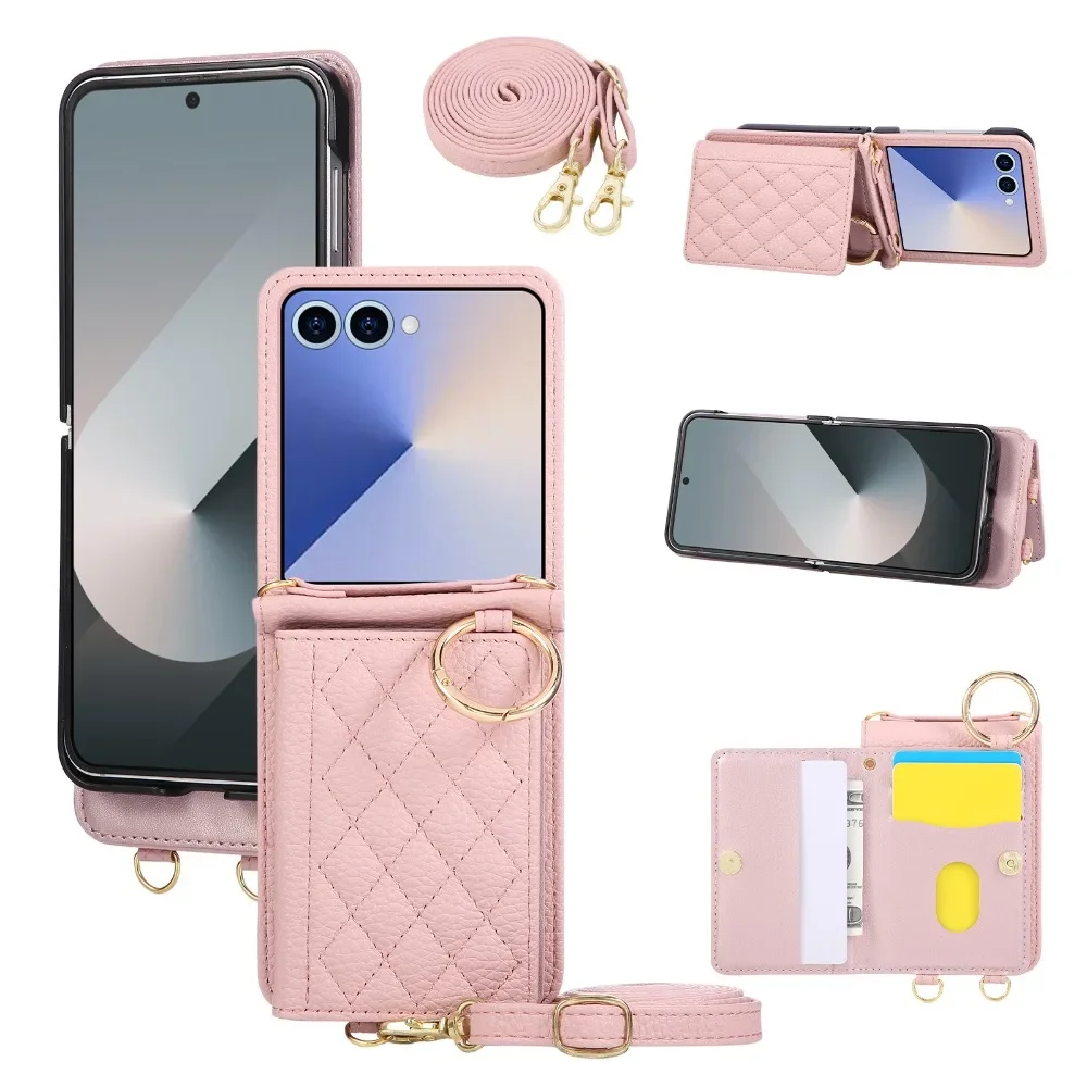 

Luxury Sle Crossbody Wallet Card Slot Leather Case For Samsung Galaxy Z Flip7 6 5 4 3 with Ring Bracket Shockproof Protect Cover