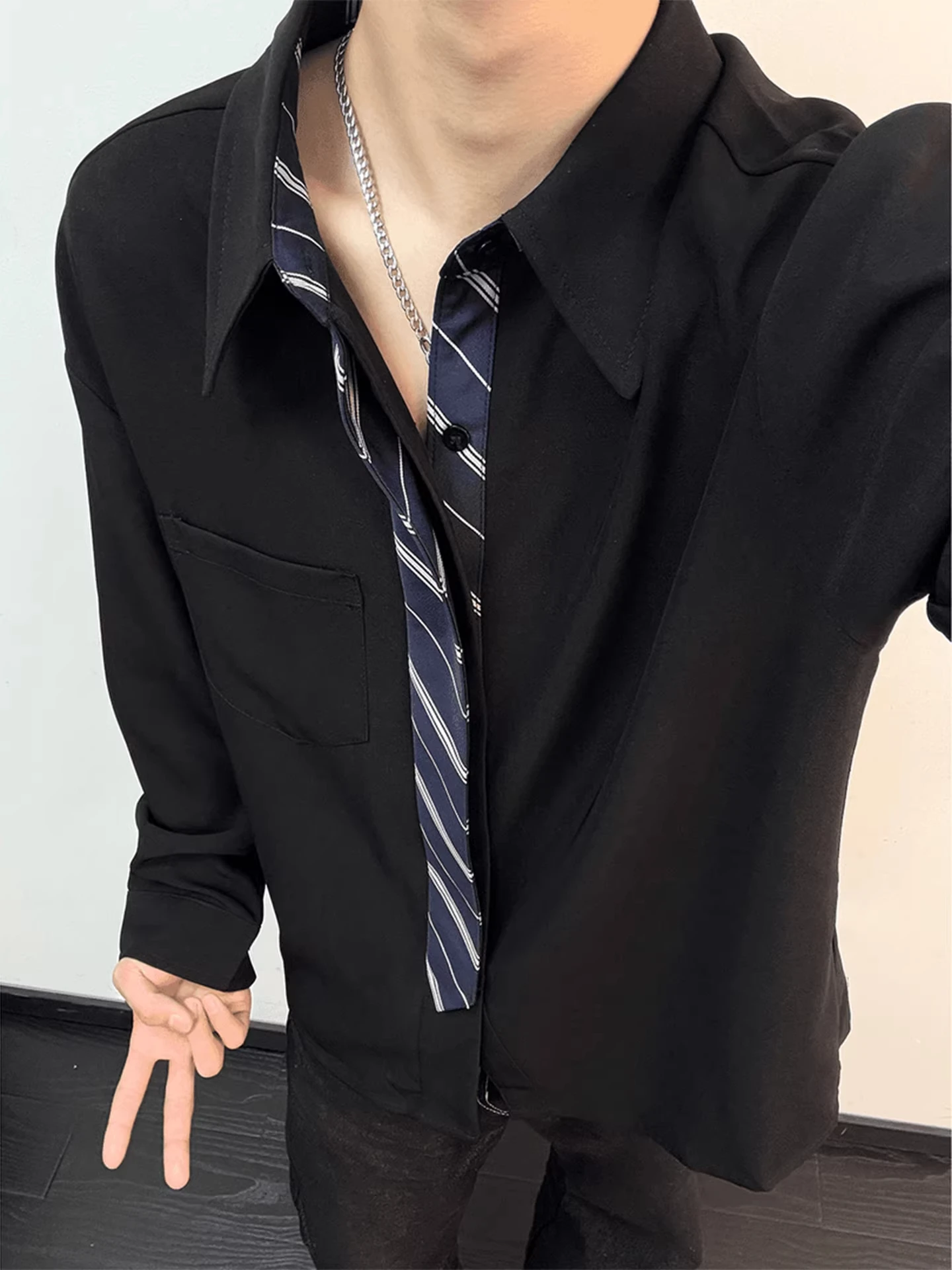

Black Durable Polyester Long Sleeve Shirt Men's Spring Fashion Layering Fake Tie Design Comfortable Breathable Standard Fit
