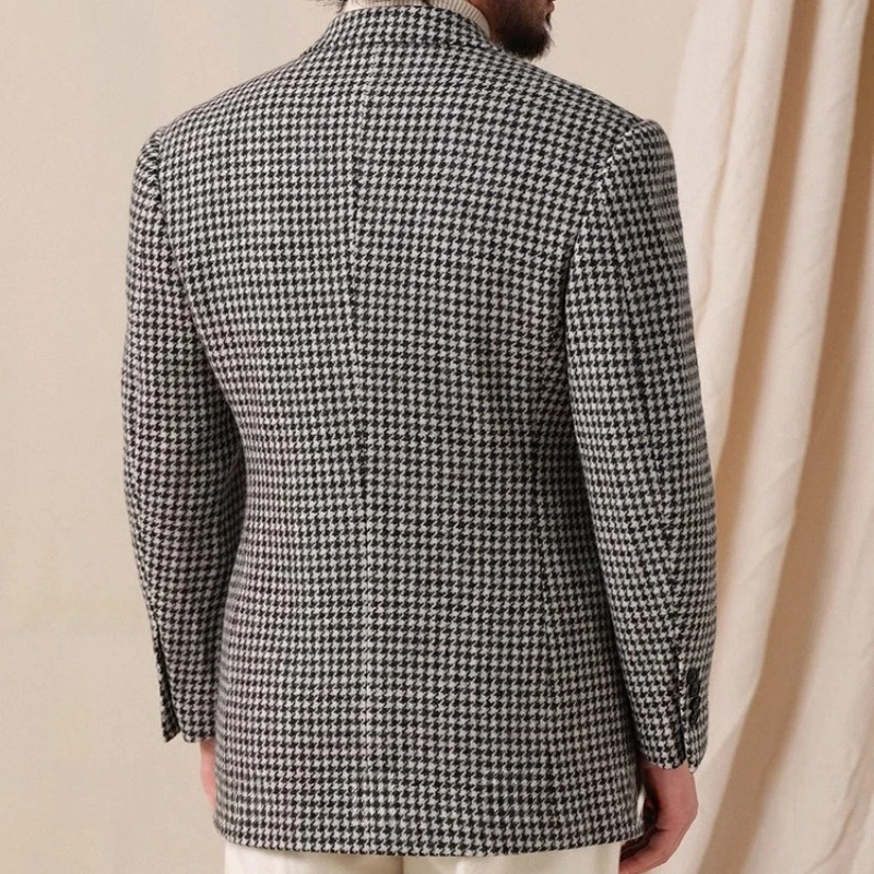 سترة رجالية بنقشة Houndstooth سترة سميكة واحدة الصدر أسود أبيض منقوشة ريترو أنيقة ملابس زفاف رجالية غير رسمية