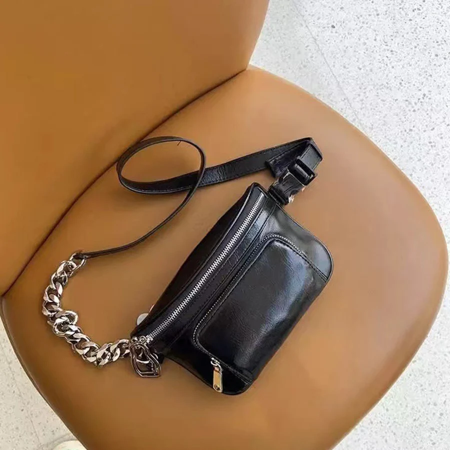 

Stylish Hobo Solid Color Satchel Designer Chest Bag Women's PU Leather Waist Bags Chains Fashion Zip Fanny Shoulder Pack Black