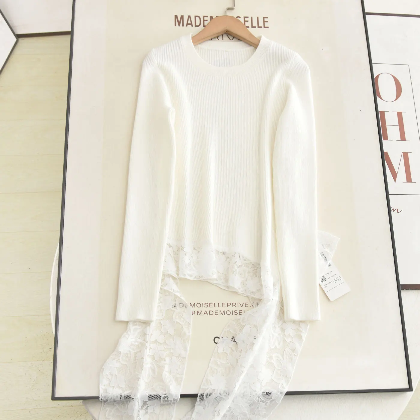 

Ele корейский вязаный свитер, круглый кружевной лоскутный дизайн, асимметричный женский топ Long Sve на осенний сезон