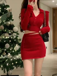 Christmas Red Knitted Two Piece Set Women Korean Fashion Party Sweater Skirt Suit Female Warm Bandage Sexy Slim Mini Skirt Set