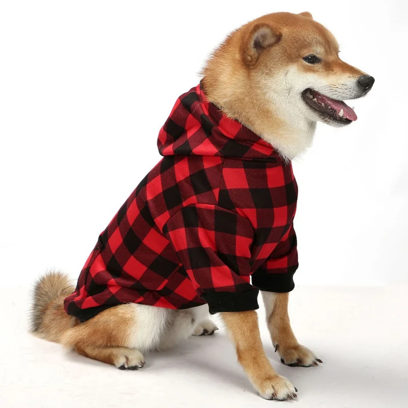 Pets Dogs Winter Warm Hoodie Coat Puppy Simple Two Legged Sweater With Black Red Plaid Hoodie Clothes For Small Large Dogs  Cats