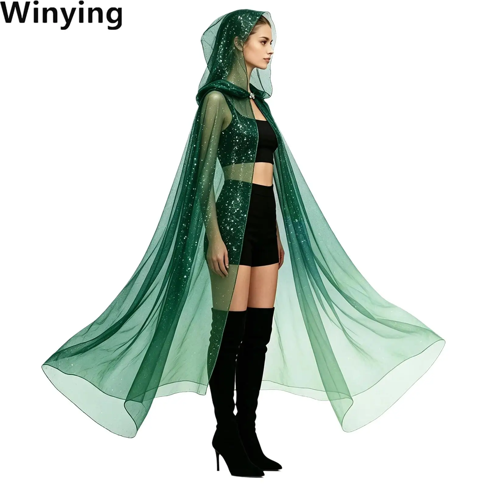 Women Sheer Hooded Star Mesh Tulle Cape Cloak with Rhinestone Clasp for Cosplay Stage Performance Halloween Party