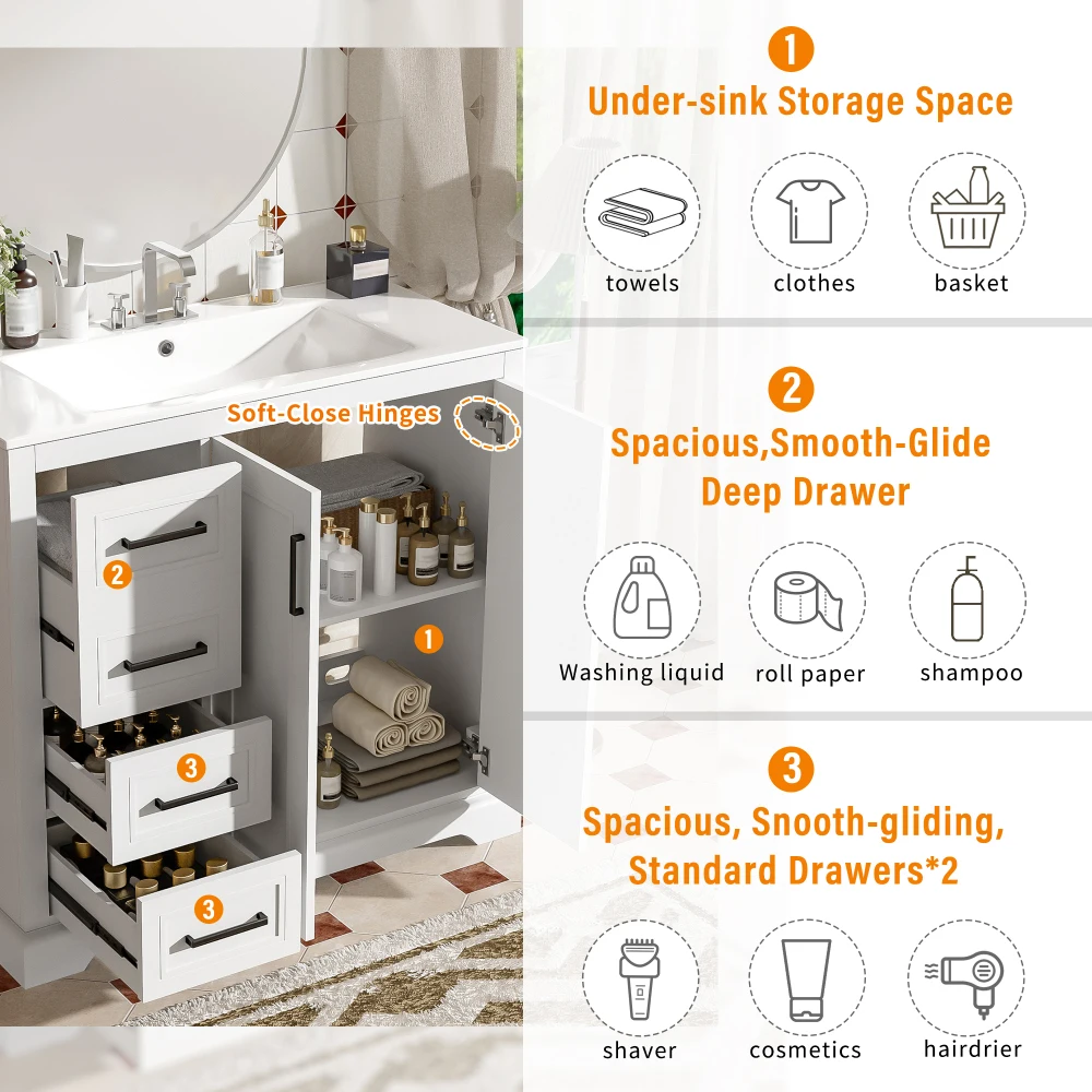 Vaidade de banheiro moderna de 36" com pia de cerâmica, porta com fechamento suave, prateleira ajustável e 3 gavetas, amplo armazenamento, design elegante