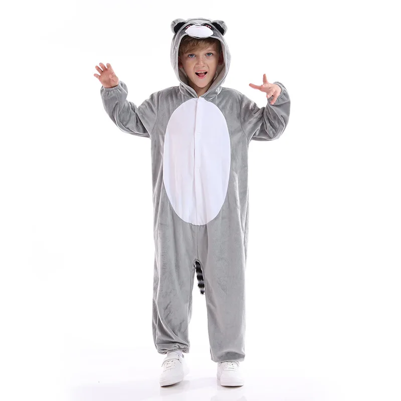 performance Animal Role Play raccoon Cosplay grey  jumpsuit Costume Outfit Funny Kid Halloween tail