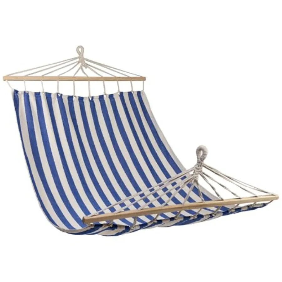 

Striped Macrame Quilted Two Person Double Hammock 9' x 56 Blue and Cream for Outdoor Patio Use Durable Cotton Fabric Lightweigh