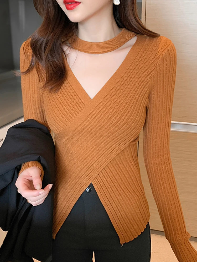 

Autumn Winter Clothes Sexy V Neck Jerseys Long Sleeve Pullovers Sweater For Women Irregular Slim Hollow Out Knitted Tops Female