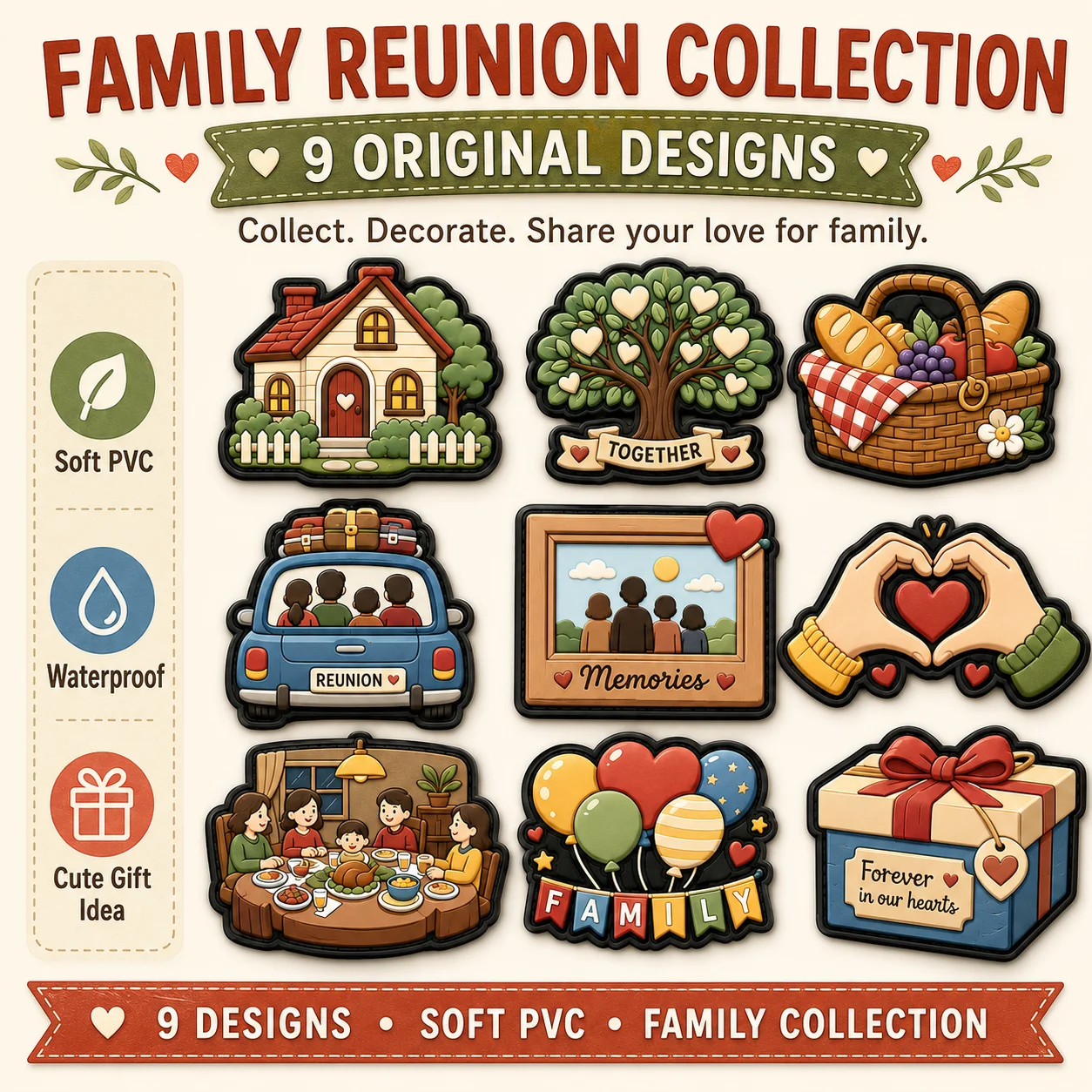 Custom Family Reunion PVC Patch Set Home Tree Picnic Basket Car Photo Heart Soft Rubber for Backpacks Jackets Keepsake Gifts