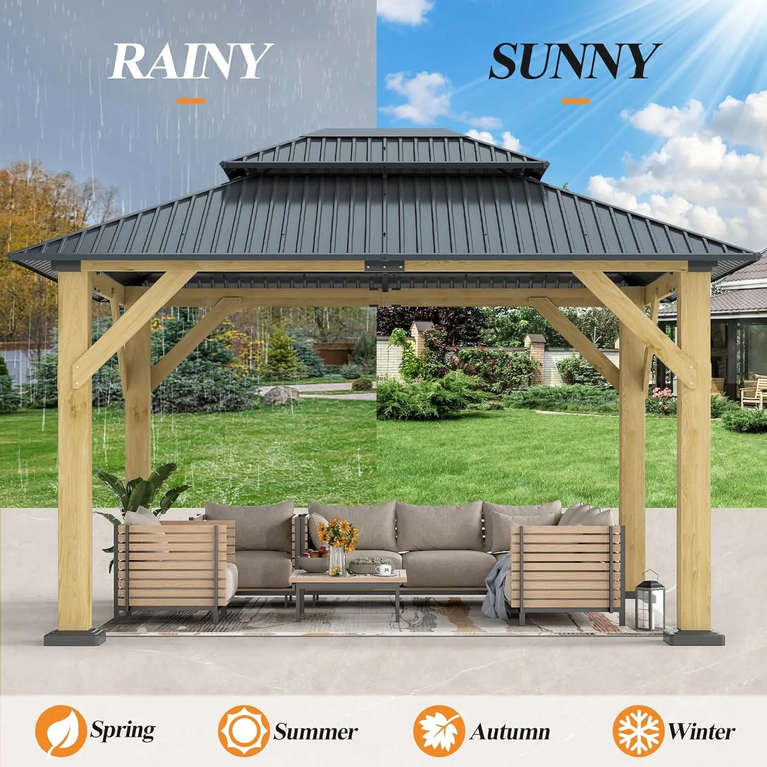 

10x12ft Outdoor Wooden Gazebo, Hardtop Galvanized Steel Double Roof for Patio Garden Lawn Poolside Backyard Deck, Custom