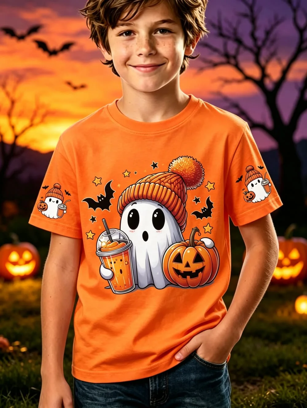 Halloween Boys' T-Shirt Halloween Ghost Pumpkin Bat Pattern Cartoon 3D Print Round Neck Short Sleeve Tops Holiday Boys' Clothing