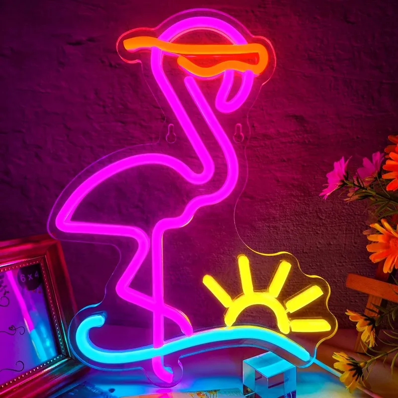 Dimmable Pink Flamingo Cocktail Neon Sign for Wall Decoration Tropical LED Bedroom Bar Party Summer Beer Beach Party Decoration