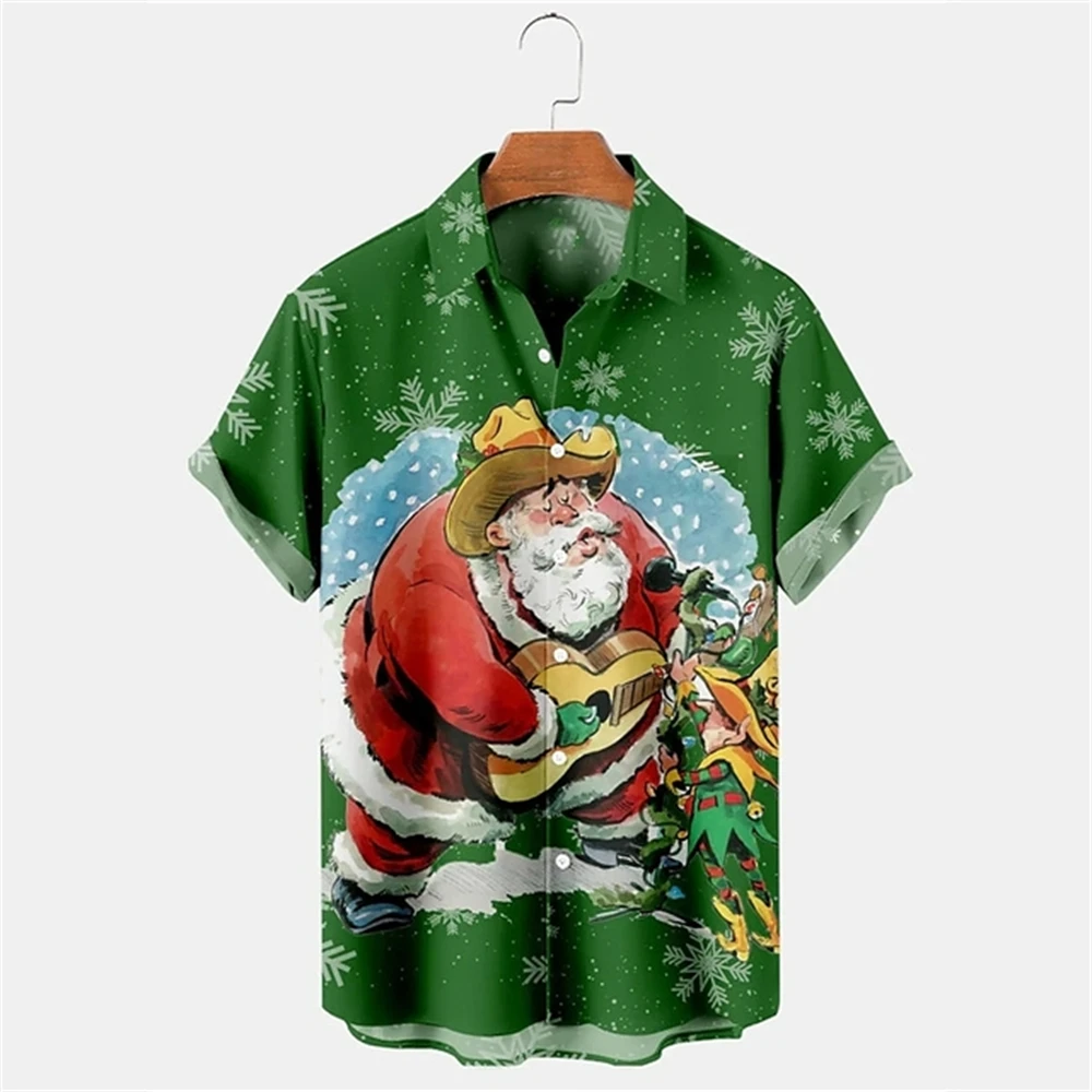 

Children Clothes Xmas New Year Hawaii Shirt Christmas Santa Printed Short Sleeve Casual Lapel Streetwear Party Clothes Boy's Top