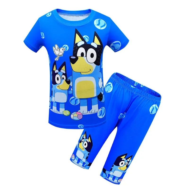 Bluey-Conjunto de camiseta e shorts infantis de manga curta, pijama de família, conjunto solto de duas peças, meninos e meninas