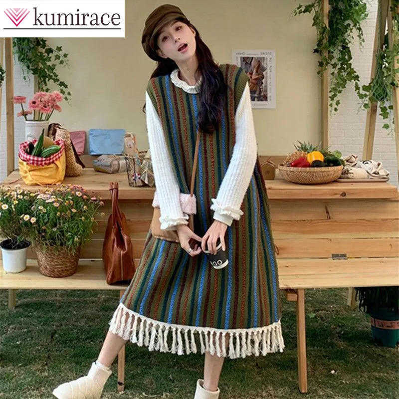 Large Size Women's Autumn New Collection, Japanese Retro Tassel Design, Colorful Striped Loose Vest Dress Party Dress Kawaii Cl