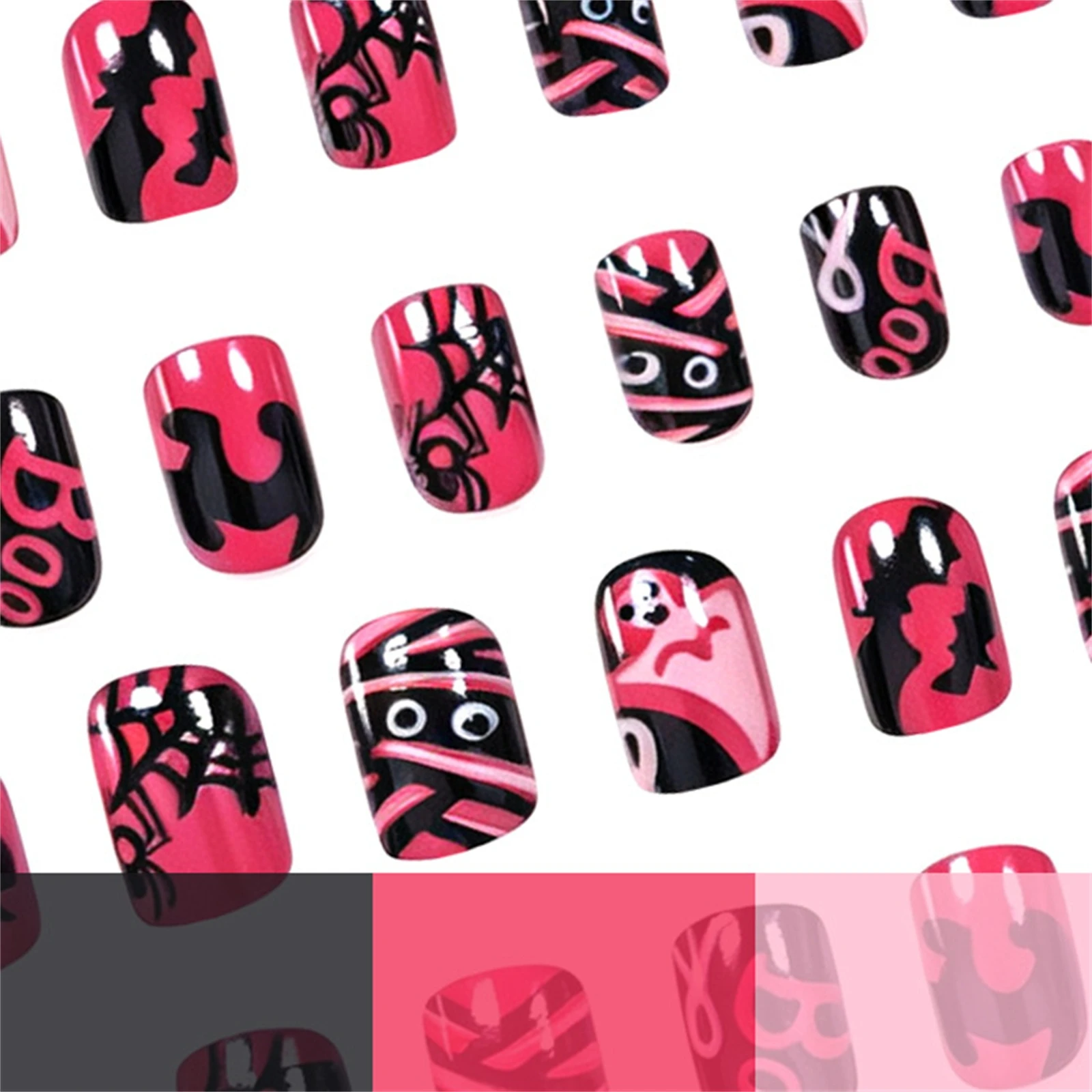 24 Stück rosa-schwarz farbblockierte künstliche Nägel im Halloween-Stil, kurze quadratische Kunstnägel mit Bandage-Geister- und Spinnendesign, zum Aufkleben. – Detail 9