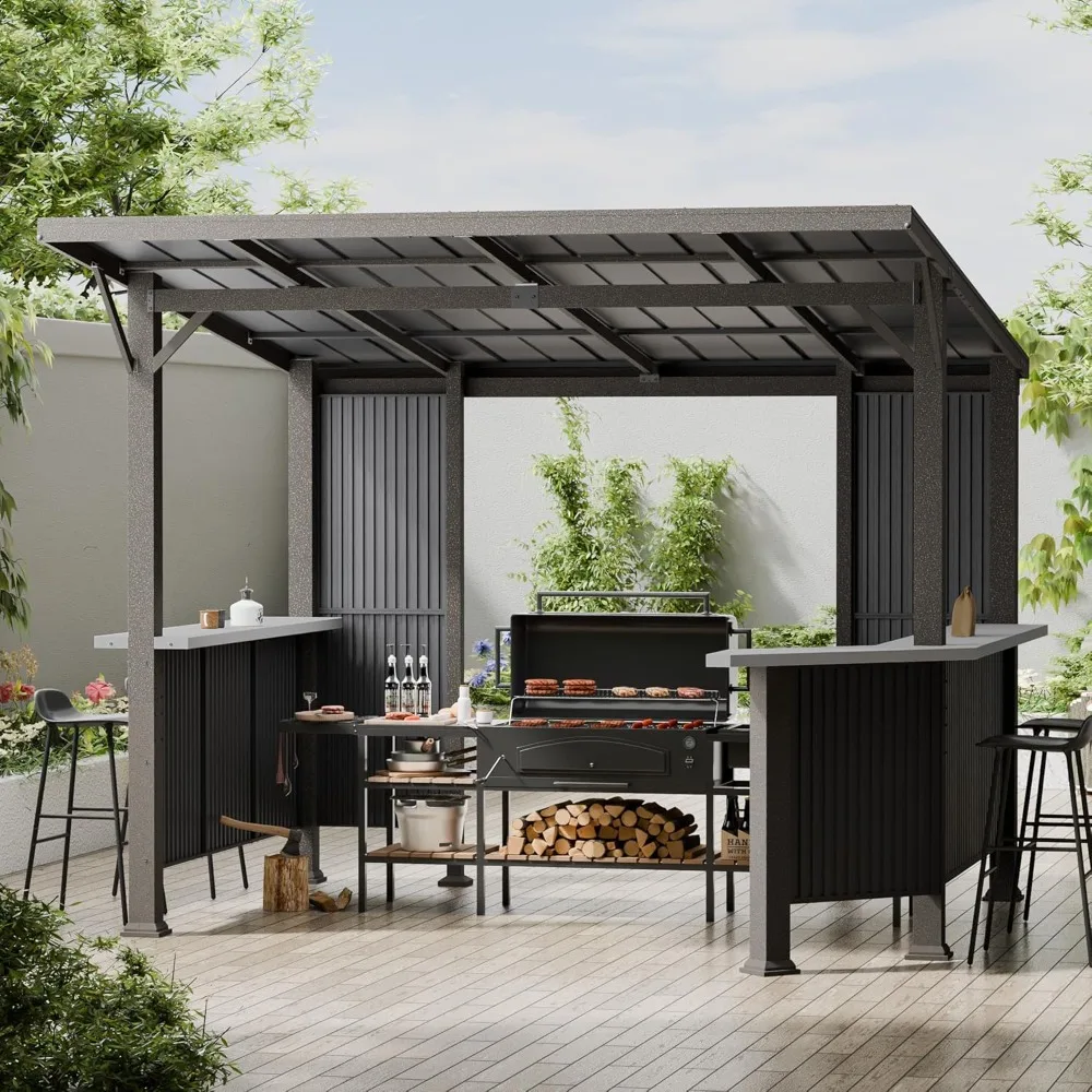 10'X10' Hardtop Grill Gazebo Outdoor Galvanized Steel BBQ Gazebo with Multi-Tier Shelves Permanent Hard Top Lean to Grill Canopy