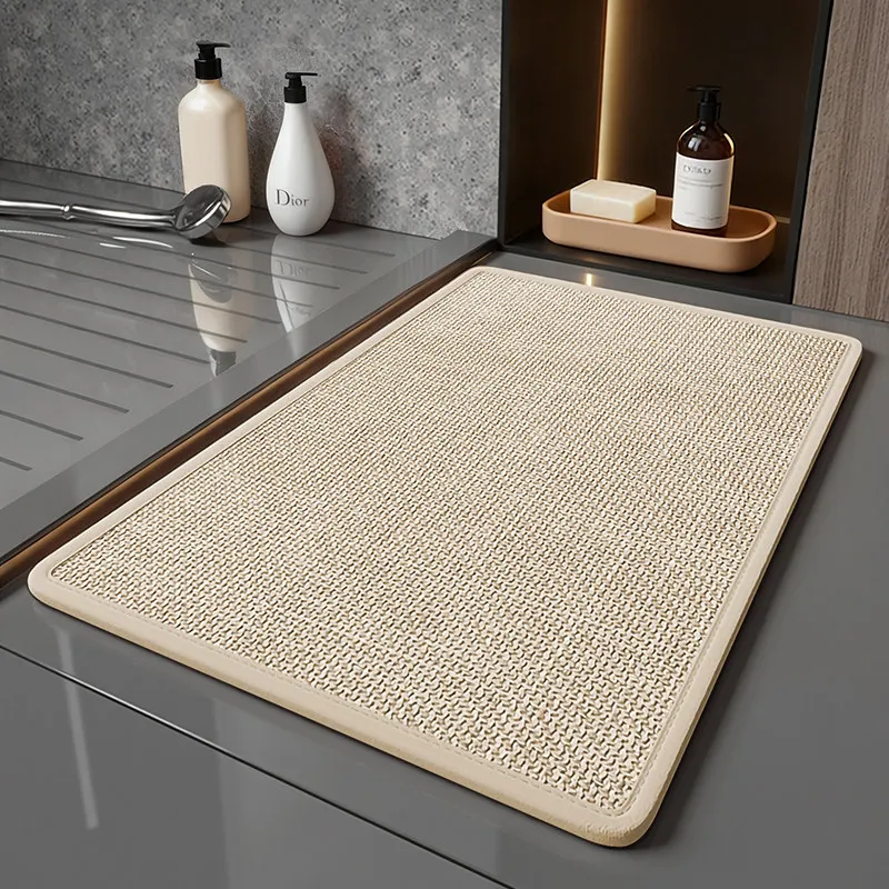 Linen Texture Bathroom Mat Non‑Slip Quick Dry Absorbent Floor Mat For Shower Room