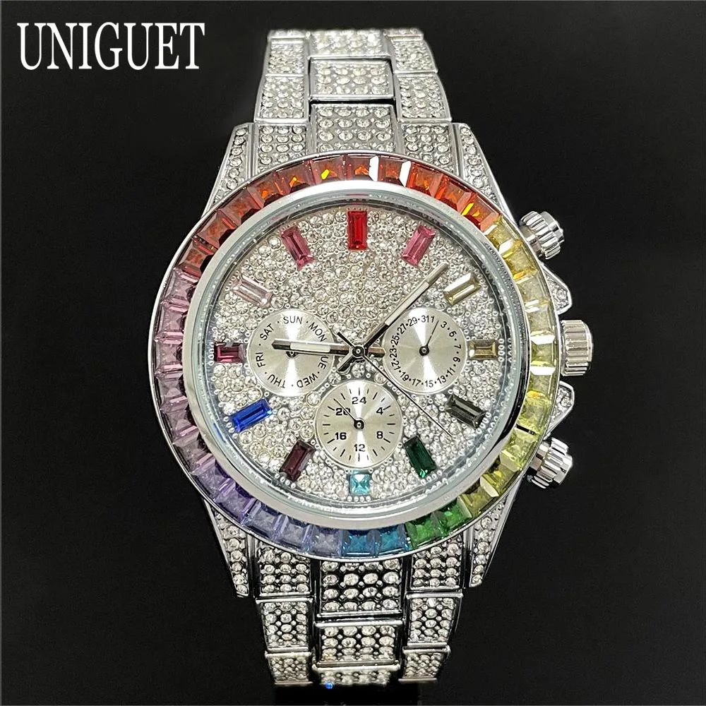 Hot Sell UNIGUET Fashion Iced Watch For Mens Stainless Steel Quartz Watches Hip Hop Rainbow Diamond Wristwatch Man Dropshipping