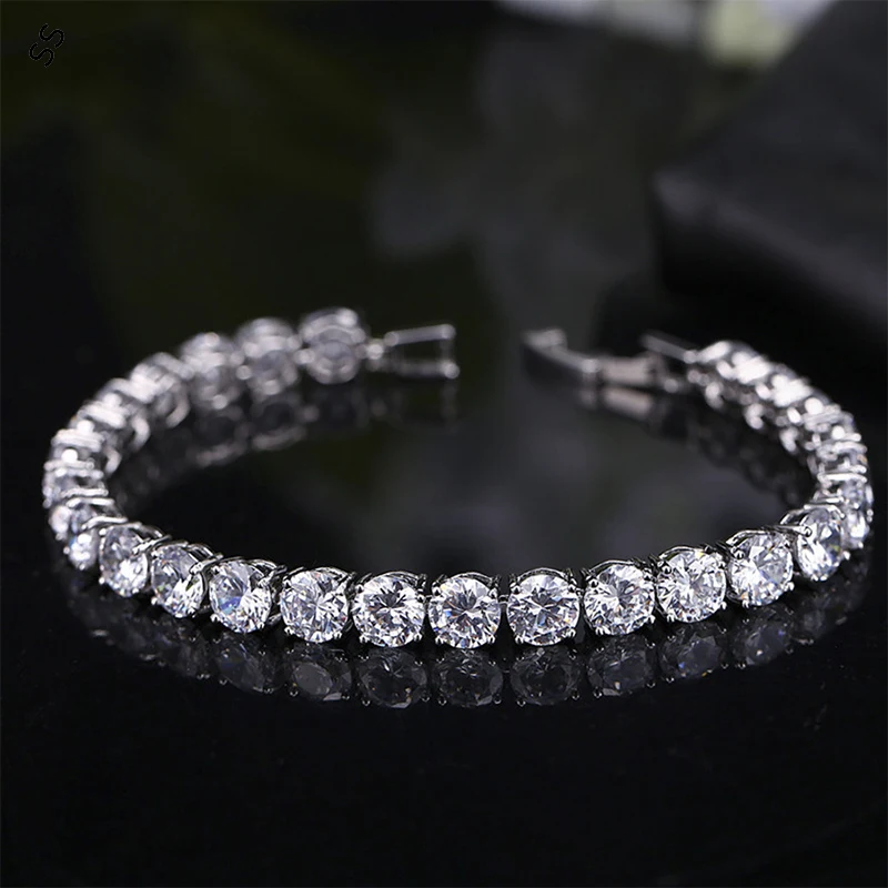 

Super Bling AAA Zircon Gemstone One Row Diamond Bracelet Fashion Simple Copper Metal Silver Color Hand Chain Accessories