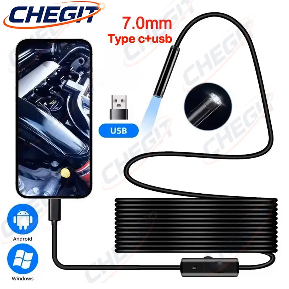 7mm Endoscope for OTG Android Phone PC 1080P Borescope Inspection Snake Camera IP67 Waterproof with 6 LED Lights For Type C