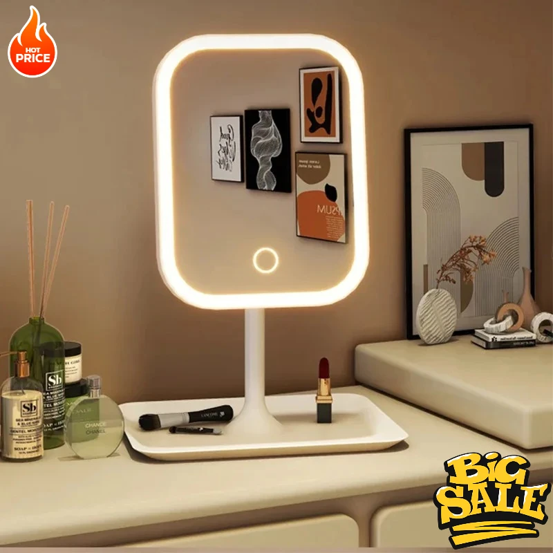 New  LED Modern Desktop Vanity Mirror, Portable 3 Color Light LED Makeup Mirror Touching Mirror Women Bedroom Dressing Mirror
