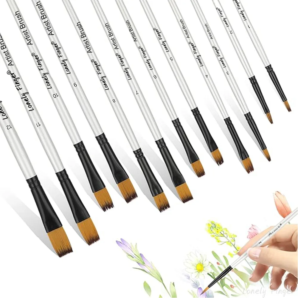Filbert Set of 12 Flat Nylon Paint Brushes Artist Professional Paint Brushes for Acrylic Paint, Watercolor, Gouache