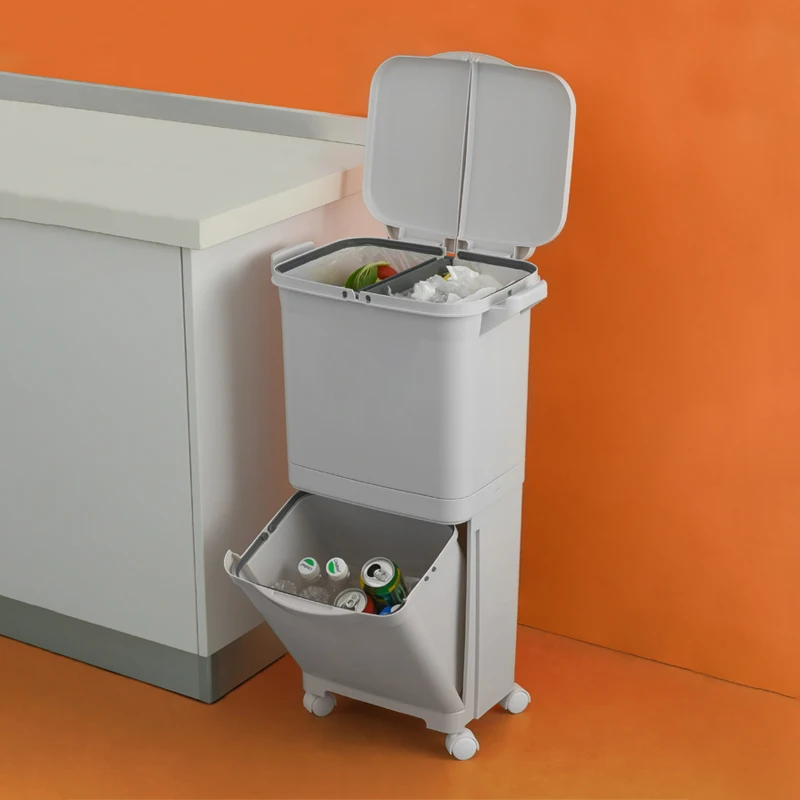 Double kitchen and household trash cans with covered pedals for wet and dry separation, for sorting trash cans