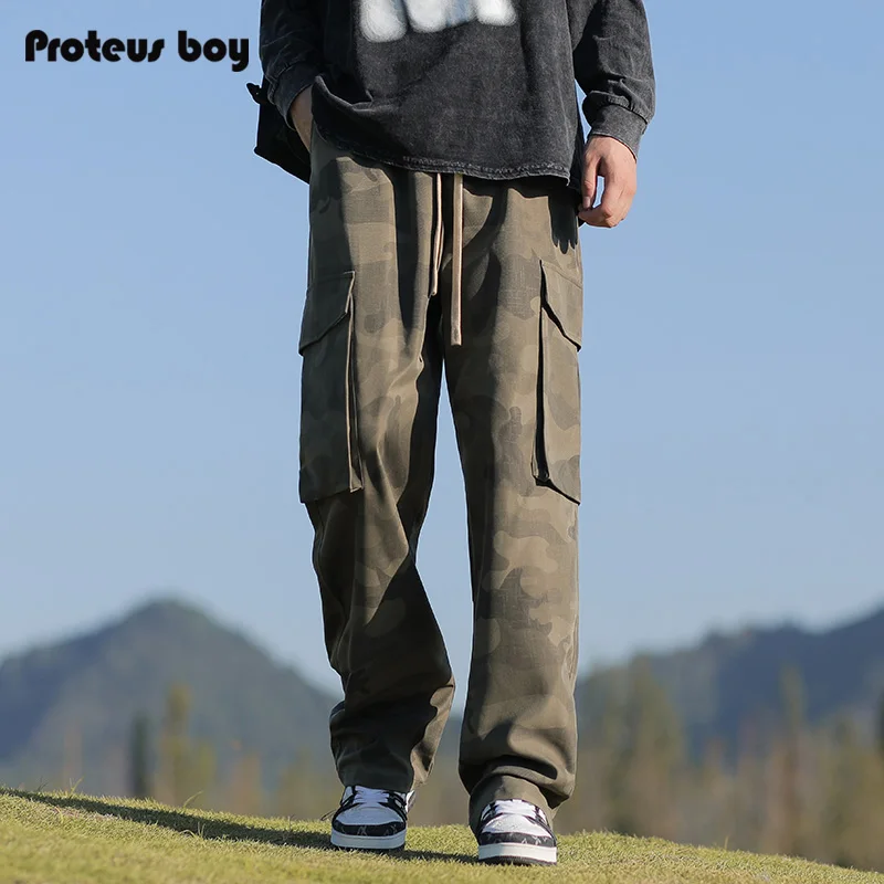 

ProteusBoy уличные американские камуфляжные спортивные брюки в стиле ретро, повседневные прямые брюки с широкими штанинами и завязками, рабочая одежда