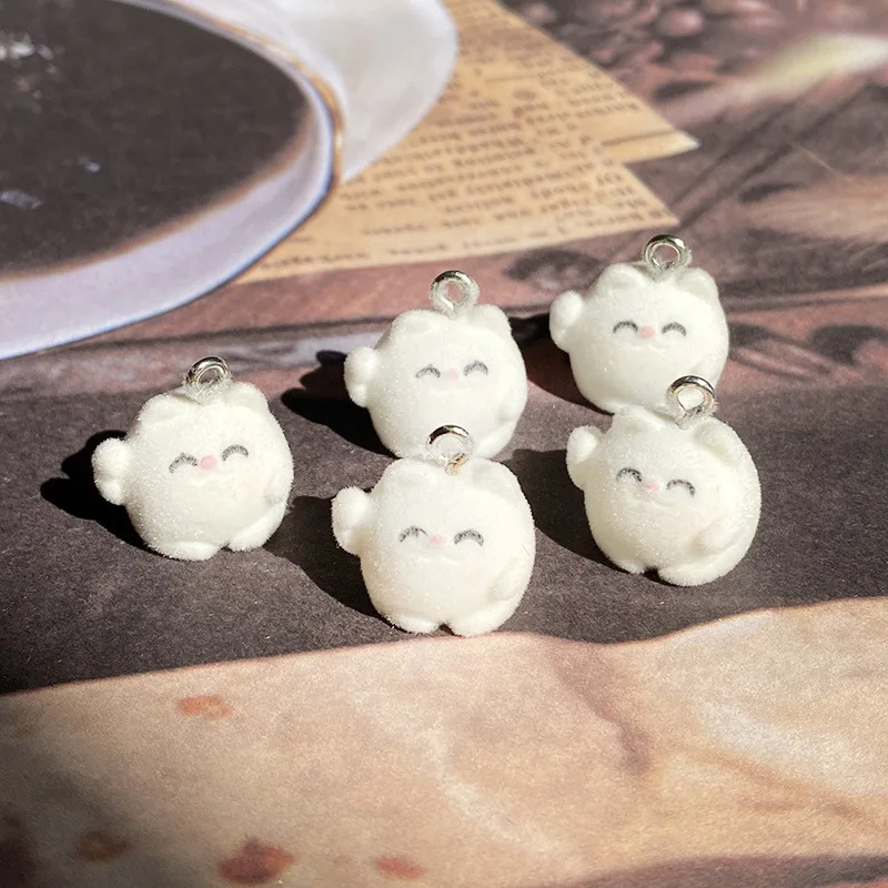 30Pcs 3D Cute Mini hand-raising Flocked Cat Resin Charms Plush Animal Pendant For Bag Keychain Earrings DIY Crafts Jewelry Make