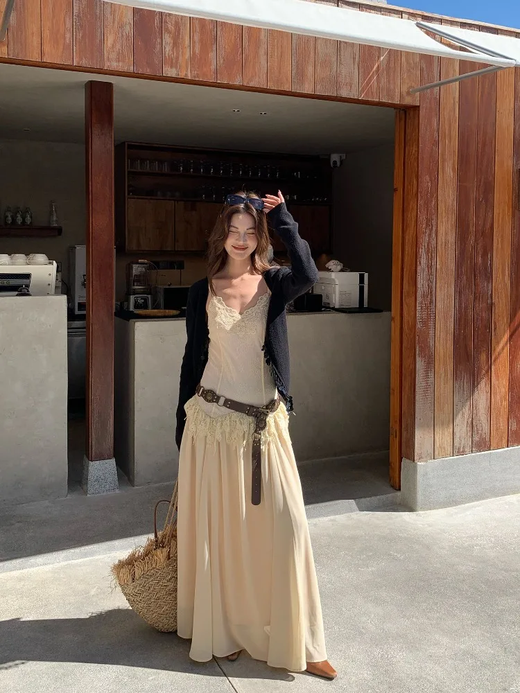 【MAR】Women's Spring Summer Lace Spliced Slip Dress Island Vacation Style Flowy Long Dress