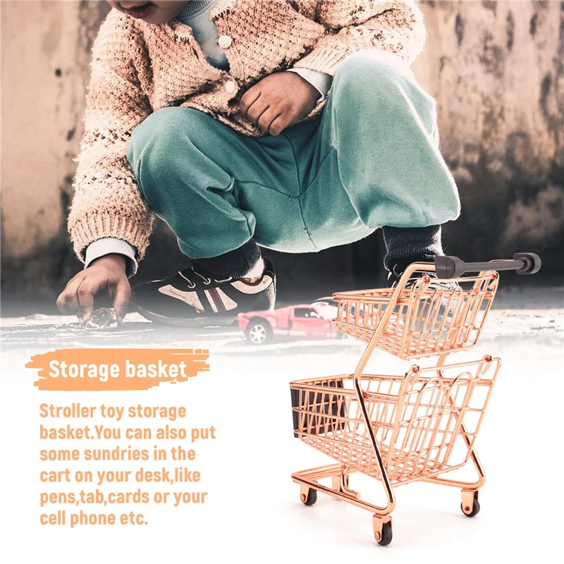 

P4-Mini Double Layers Shopping Cart Model Wrought Iron Supermarket Trolley Metal Rose Gold Storage Basket