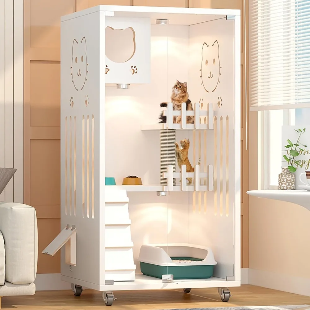 

Wooden Cat Condo Enclosed Large Space Cat Cage with Scratching Post, Indoor/Outdoor Cat Enclosure with Wheels, Multi-Feature Lux