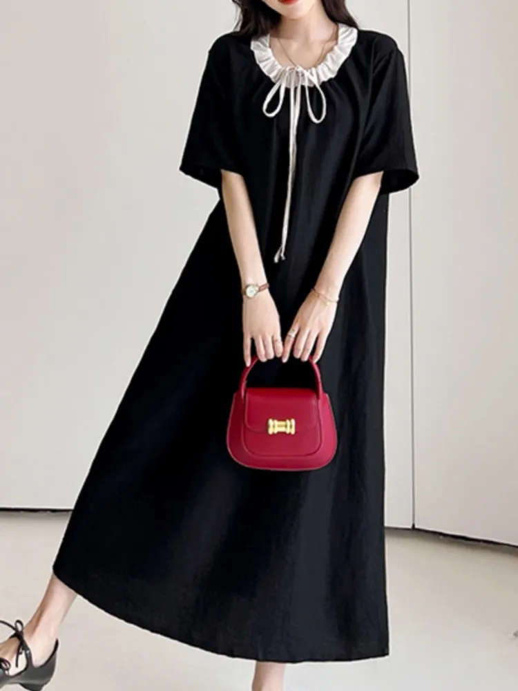 

Puff Sleeve Oversized Summer Black Dress Women Lace Neck Korean Loose Short Sleeve Woman Dress Vintage Ladies Dresses Vestidos