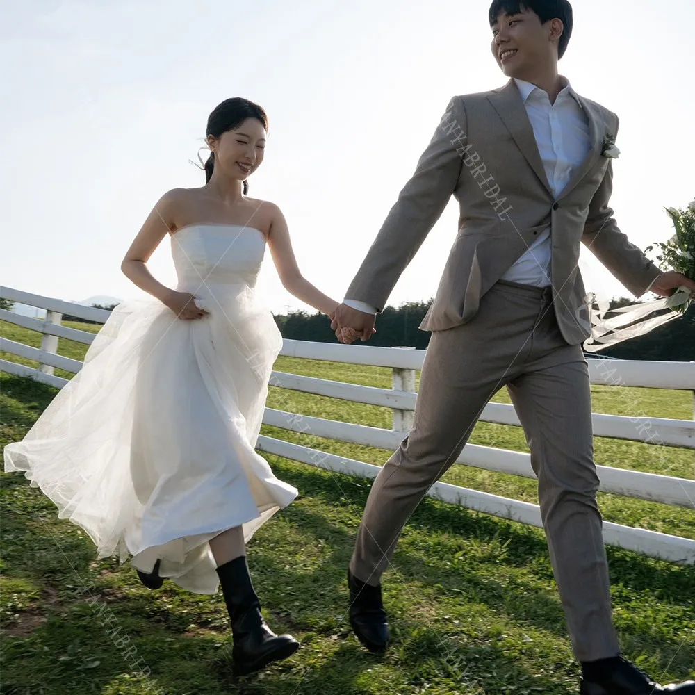 Robe de mariée sans bretelles en tulle doux pour patients, simple, ligne de fibrA, lacets au dos, longueur au sol, robe de séance photo