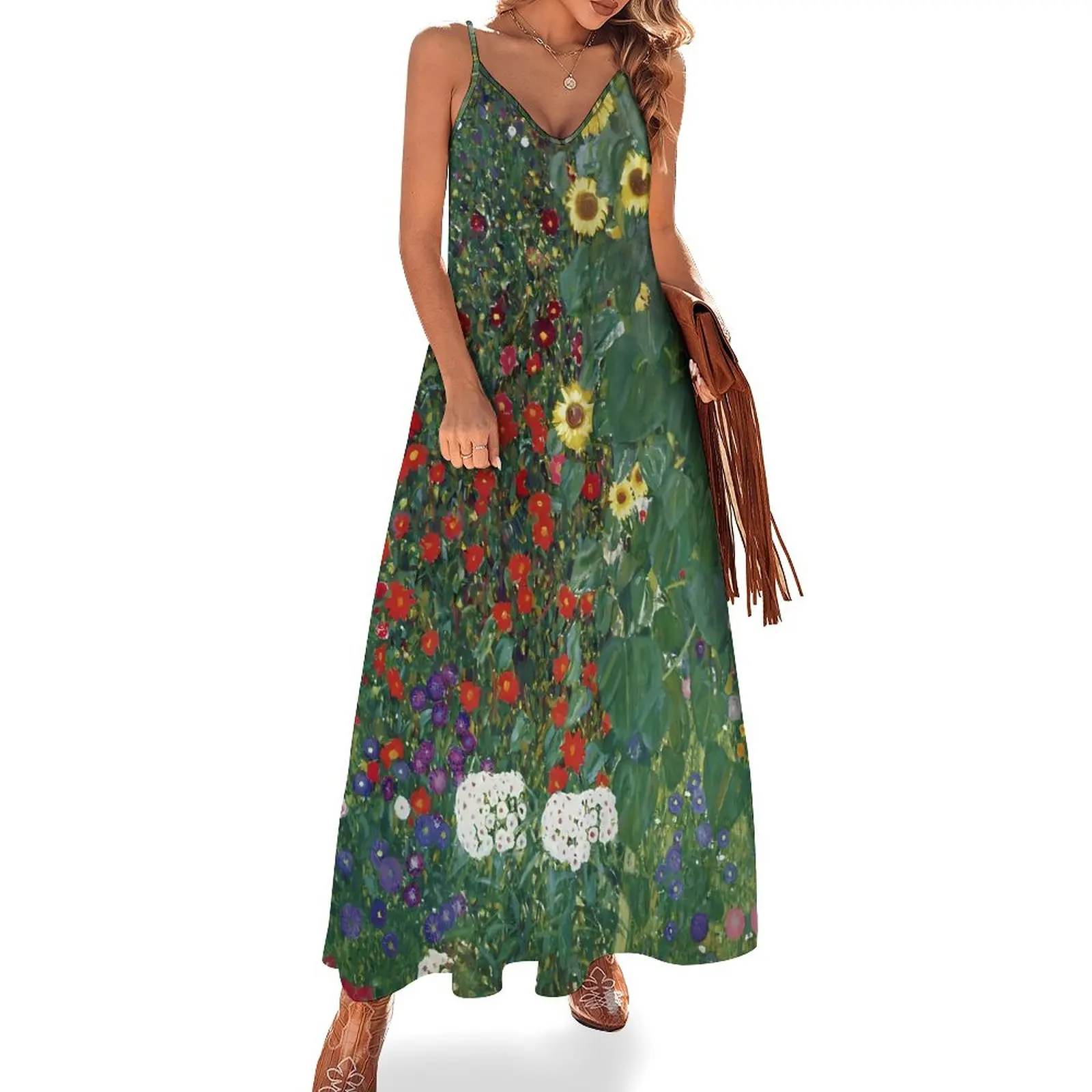 Gustav Klimt Art Dress Farm Garden Elegant Maxi Dress V Neck Bohemia Long Dresses Strap Streetwear Oversized Clothing