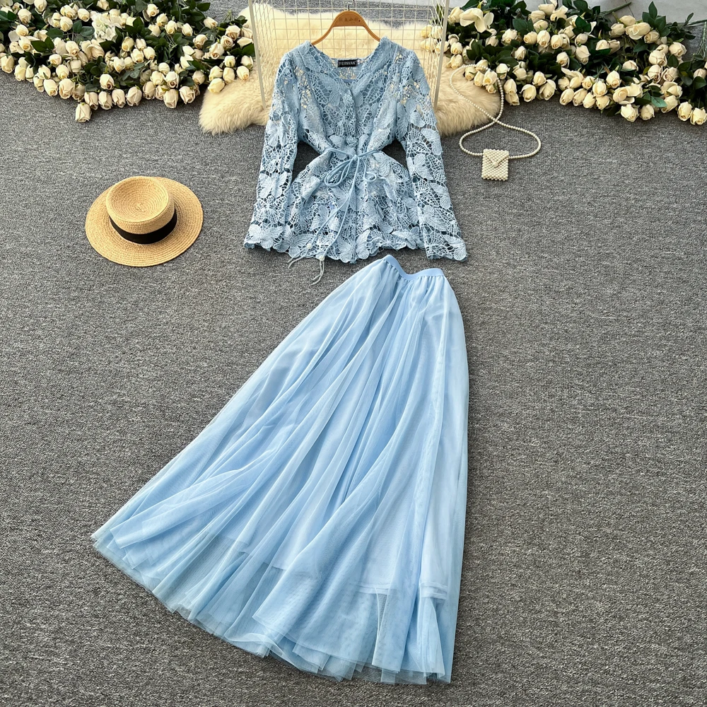 

Шикарный винтажный сетчатый комплект с длинными рукавами, элегантный корейский модный комплект с высокой талией, комплект из двух предметов, женская одежда