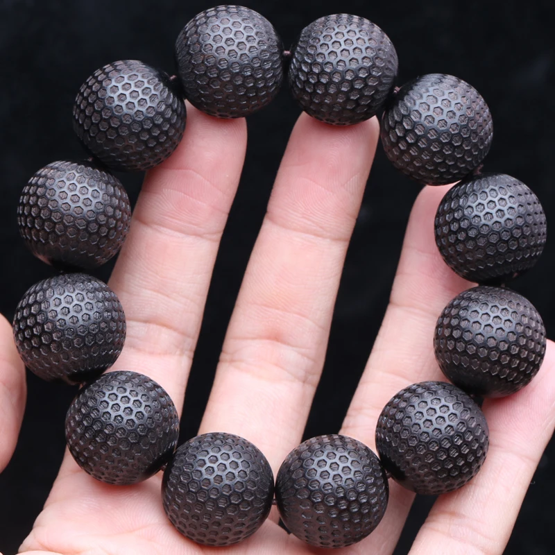 Natural ebony 20mm wood bead Bracelet Men\'s beaded carved black Good luck stretch bracelet