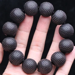 Natural ebony 20mm wood bead Bracelet Men's beaded carved black Good luck stretch bracelet