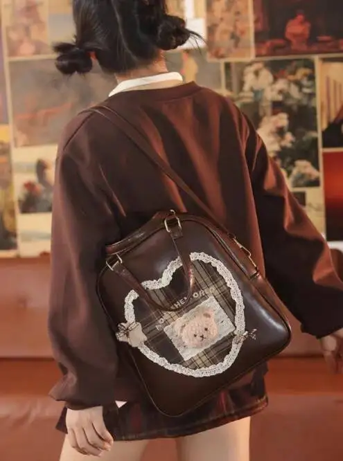 Bloom College Style Lolita Coffee Backpack Women Sweet Cute Lace Bear Large Capacity Schoolbag Student Y2k Backpacks Female