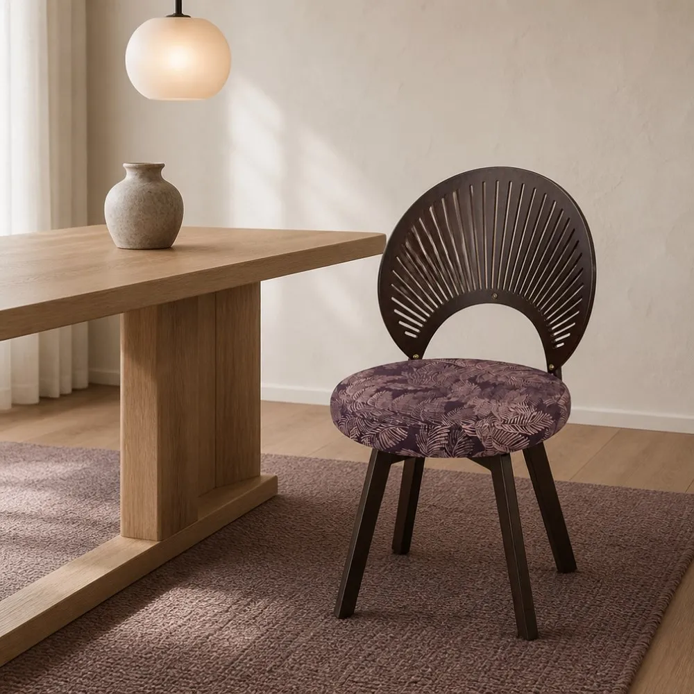 Medieval style solid wood dining chair, fan-shaped striped backrest, floral pattern fabric upholstered seat, living room chair